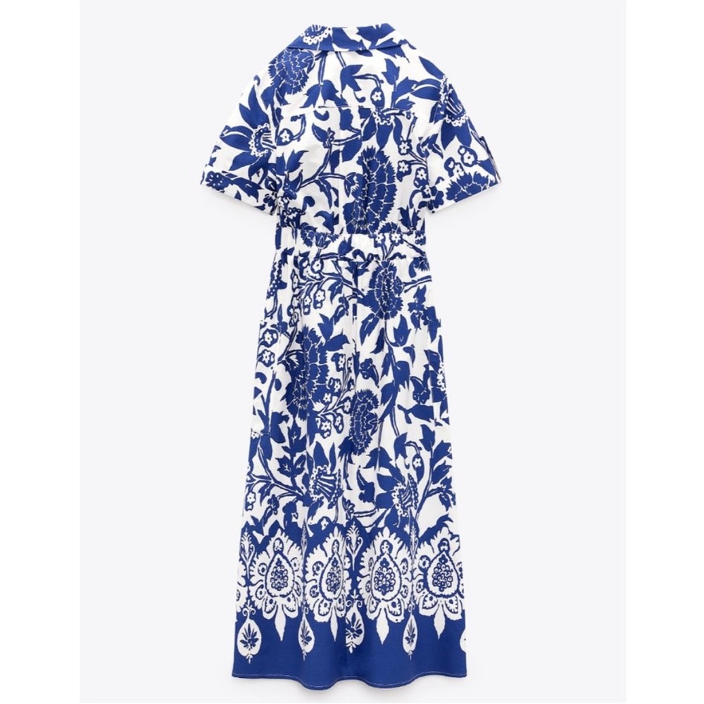 ZARA WOMAN FLORAL PRINT MIDI DRESS BELTED BLUE WHITE 3401/243 - Picture 3 of 10